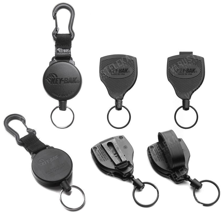 From left to right: carabiner; belt clip; fixed belt loop.