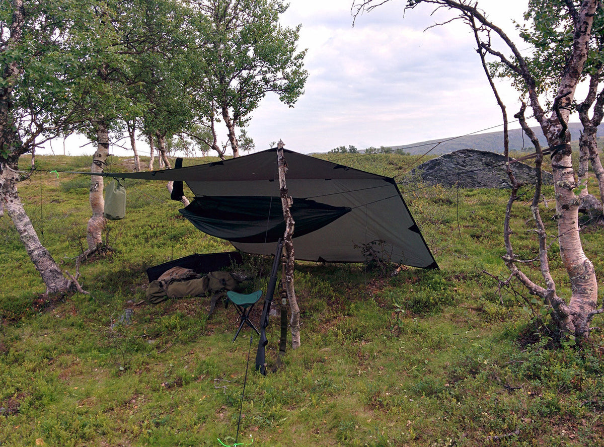 DD Hammocks Frontline Hängematte; Whoopie Slings; DMM Spectre-Karabiner; Tree Huggers.