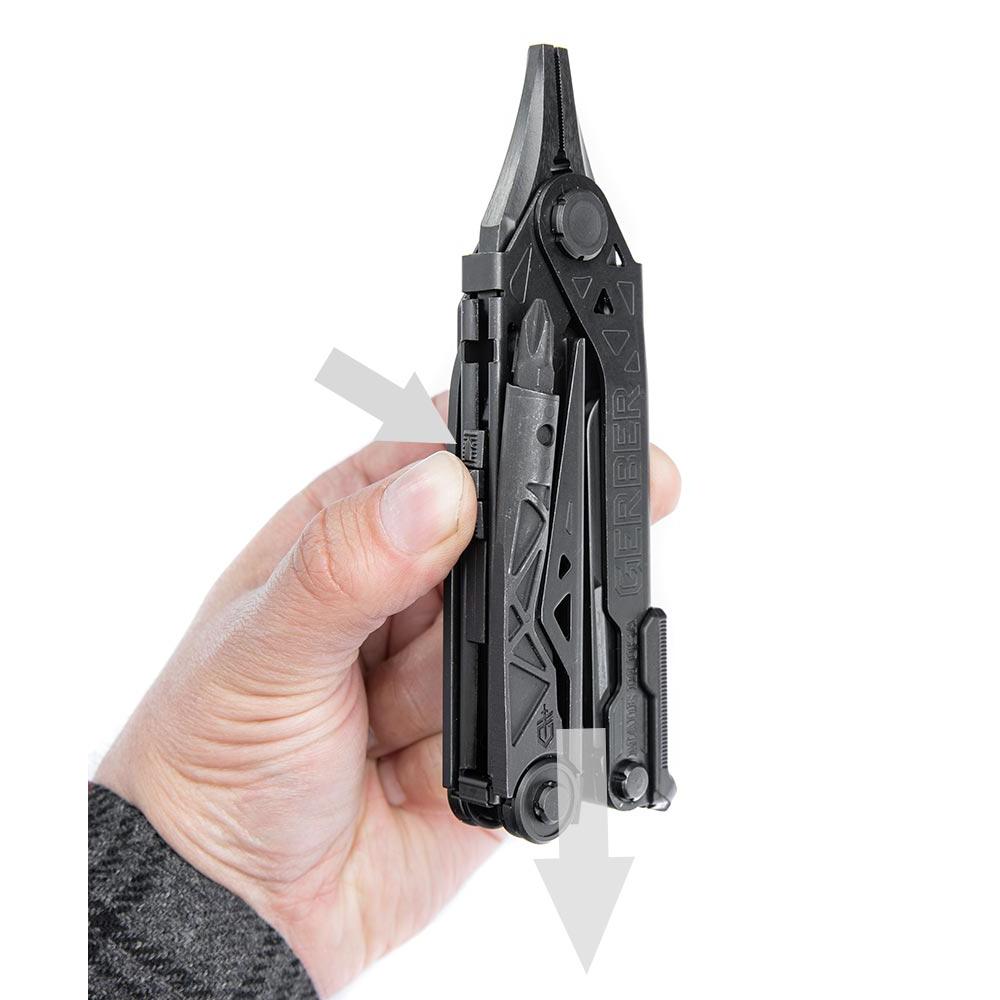 Pinch the release buttons - the handles will slide down revealing the pliers.