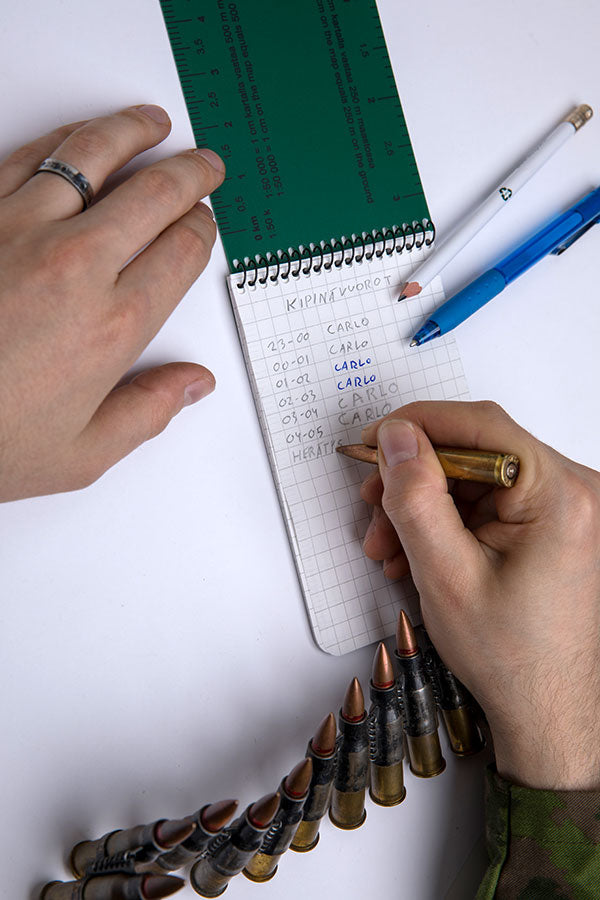 You can write with a pencil; pen or even the tip of a bullet.