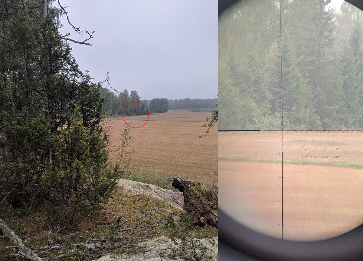 Umhang links; olive drab Jagdoutfit rechts. Entfernung ungefähr 250 Meter. Foto durch ein Fernglas aufgenommen.
