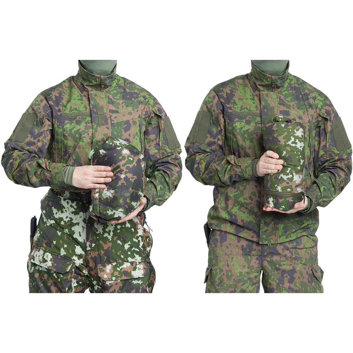 Left: L5 Thermal Jacket packed into it's own hood. Right: L5 Thermal Trousers rolled up.