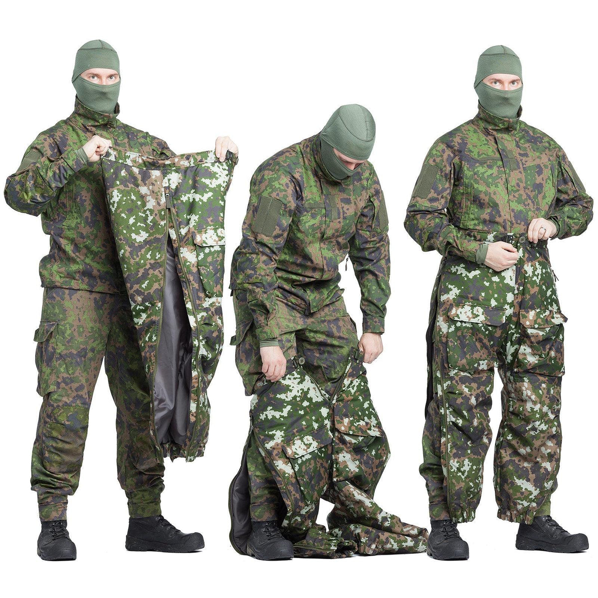 Open the leg zippers and fly and pull on the trousers without removing your footwear. Close the fly.