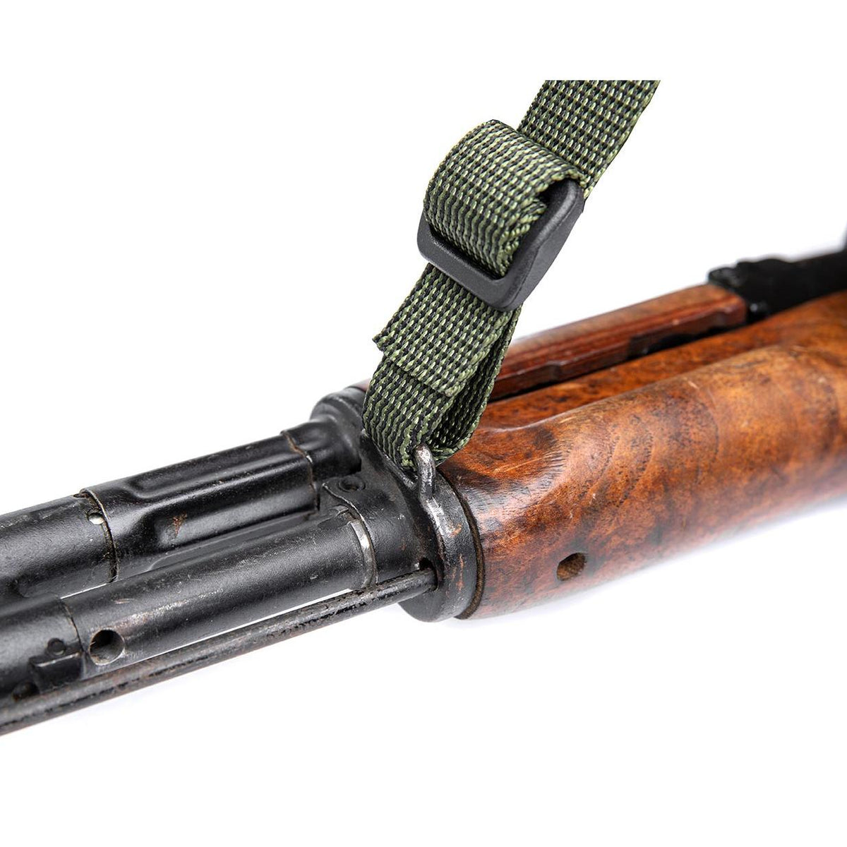 The 25 mm (1) webbing can be folded into a C to weave it neatly through AK front sling mounts.