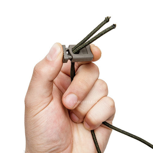 Suitable hole for elastic shock cord or Paracord; twice.