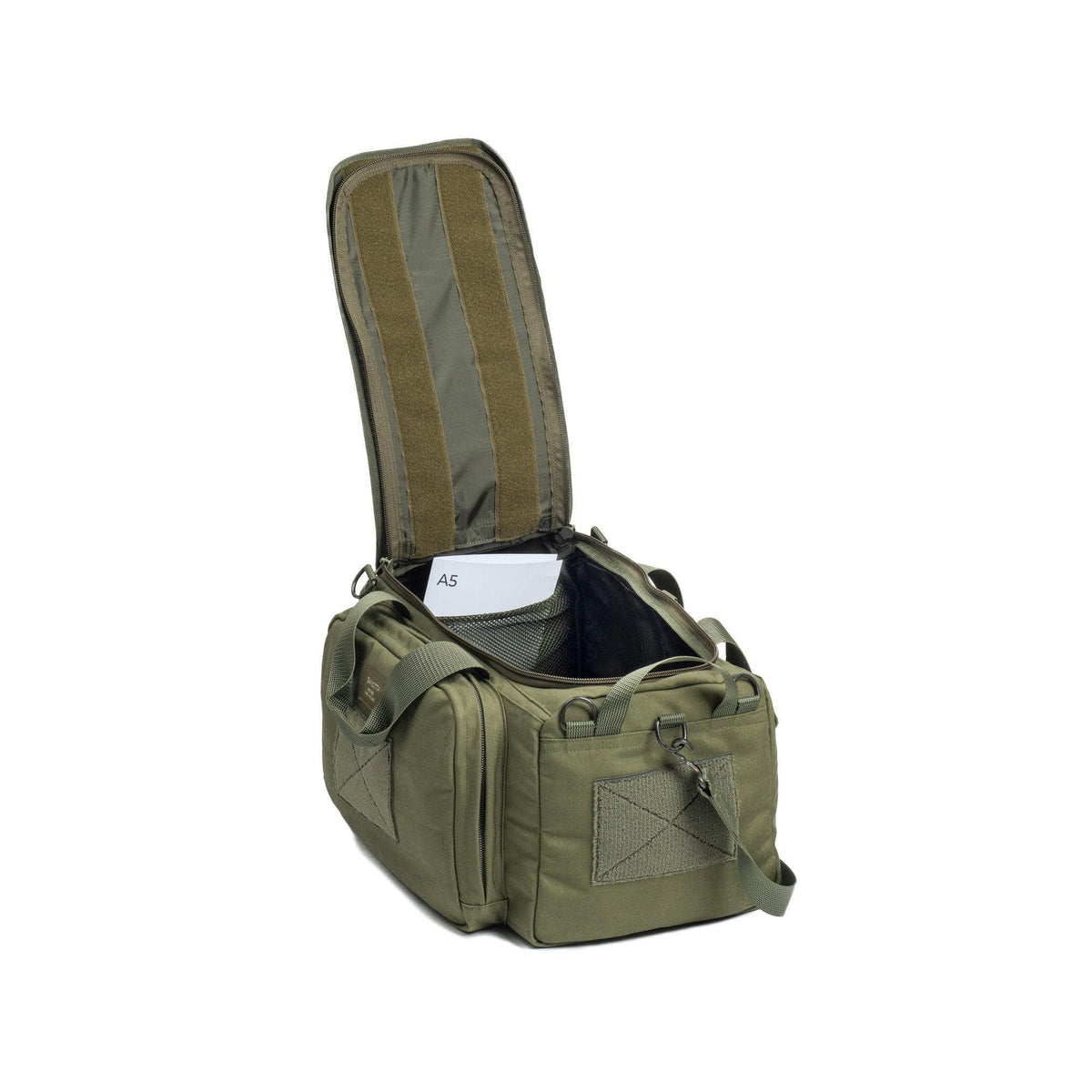 Mesh pockets inside main compartment and loop base on the lid.