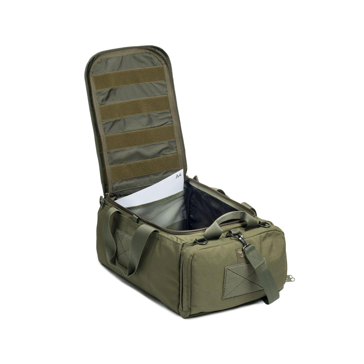 Mesh pockets inside main compartment and loop base on the lid.