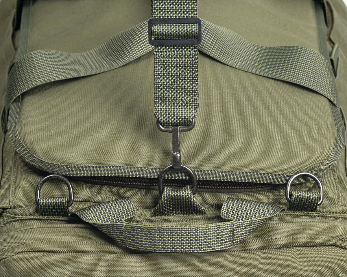 Triple steel D-rings and hauling handles at both ends.