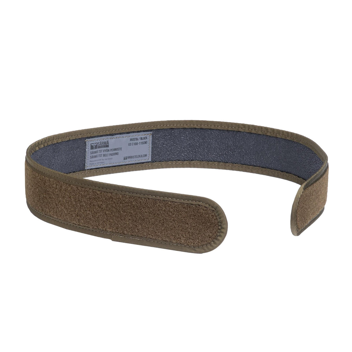 The belt padding is made of tough German 500D Cordura; Velcro; and the same rubber that is used in rock climbing shoes.