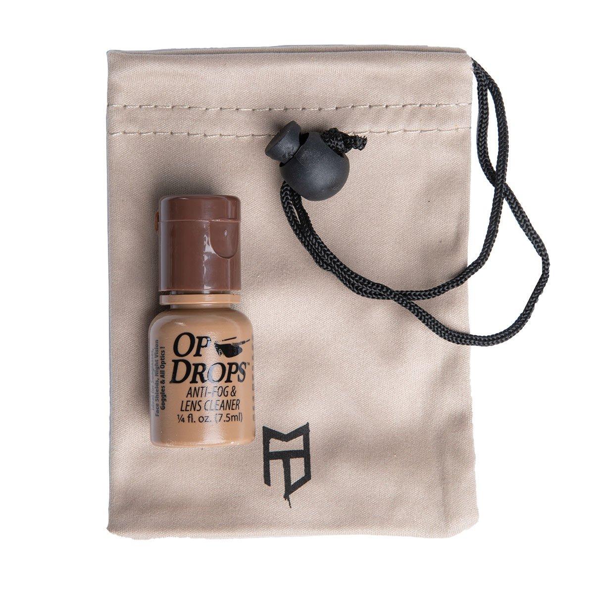 The package includes a bottle of anti-fog and a microfiber cleaning cloth/carrying pouch.