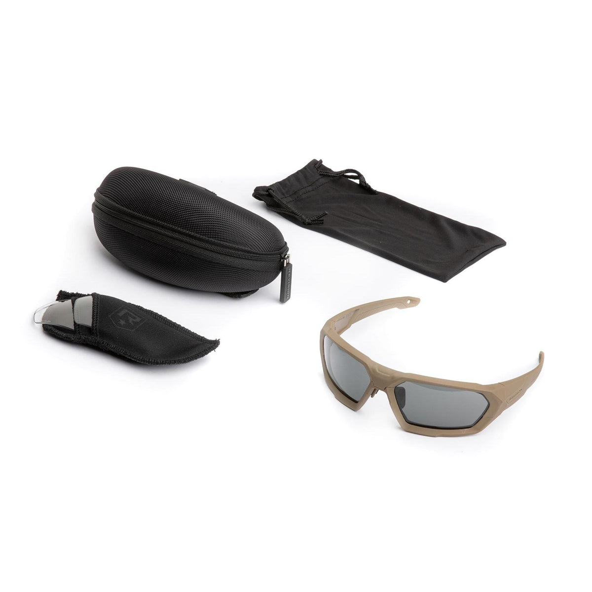 Kit includes frame; smoke lenses; clear lenses; pouch and hard case