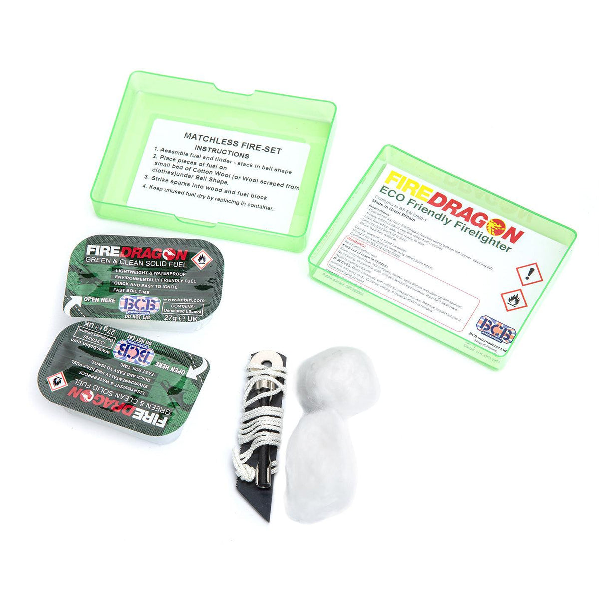The set contains two FireDragon solid fuel blocks; compressed cotton wool for tinder; and a ranger fire lighting flint. Everything is packed inside a compact plastic box.
