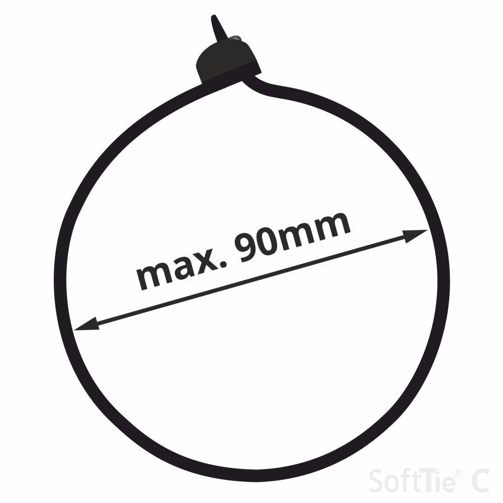 The 320 mm size reaches around a 9 cm bundle (3.5) without stretching.