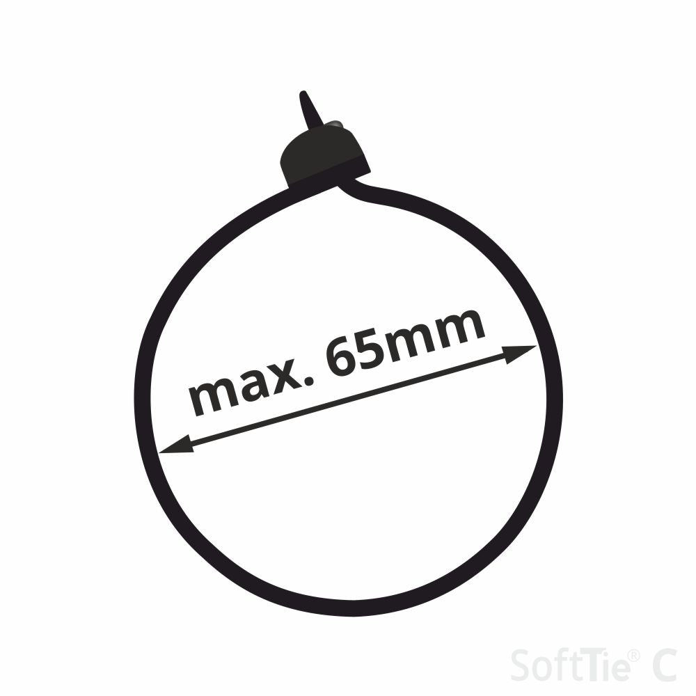The 240 mm size reaches around a 6.5 cm bundle (2.5) without stretching.