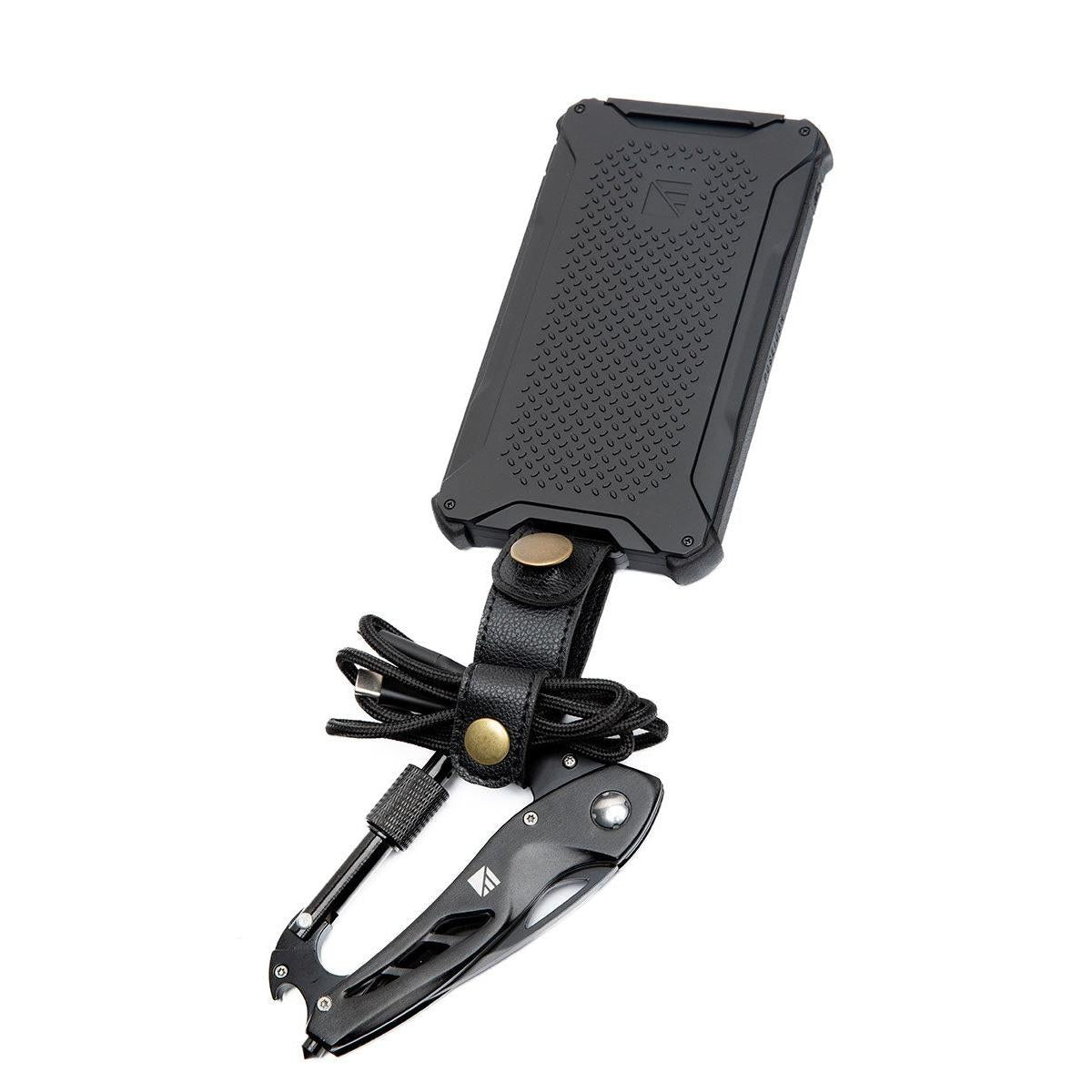 The cable-managing strap has strong snaps/buttons that keep the cable secure and close to your device.