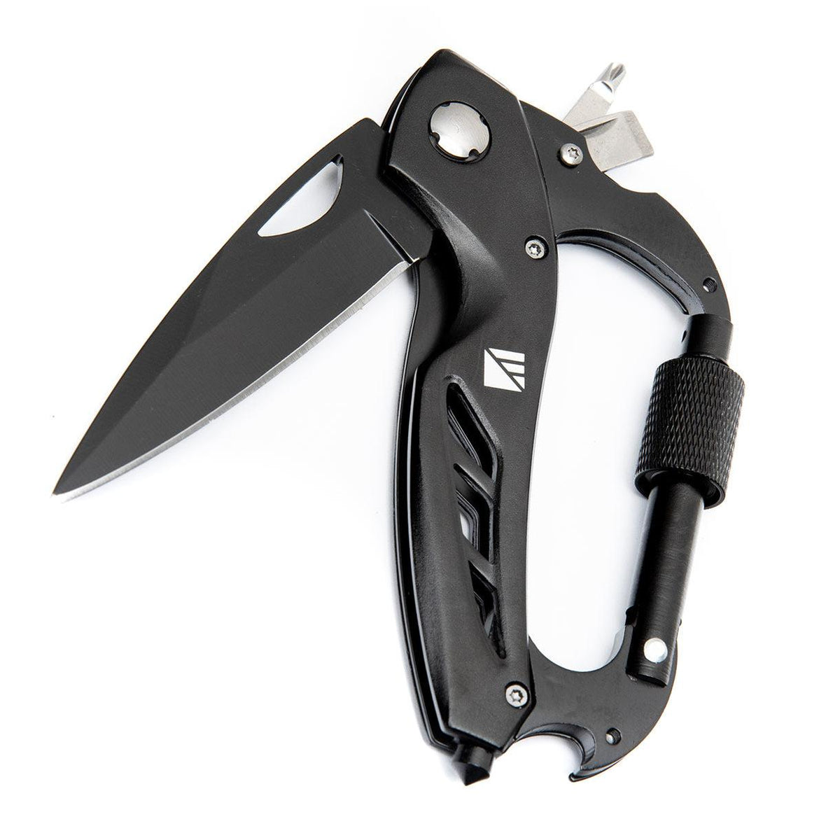 The included carabiner has been upgraded into a multi-tool that has a knife; bottle opener; glass breaker; dual-head screwdriver in addition to a locking carabiner.