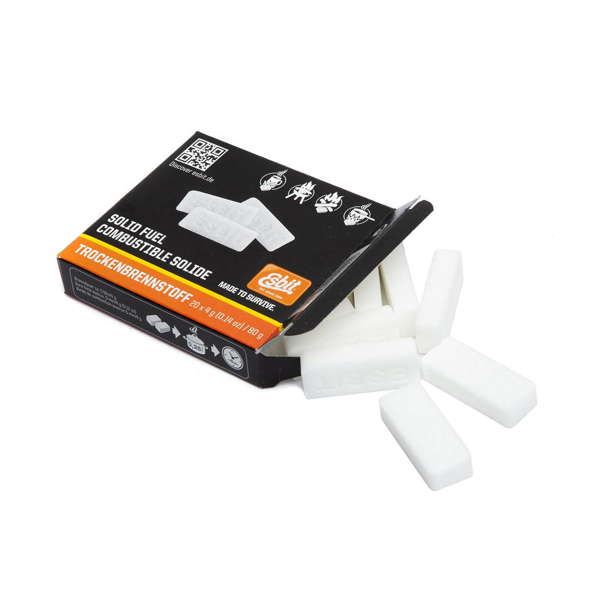 Brennstofftabletten sind so verpackt, wie sie sind. Steck die Schachtel in einen Plastikbeutel, damit sich die Brennstofftabletten im Regen nicht auflösen.