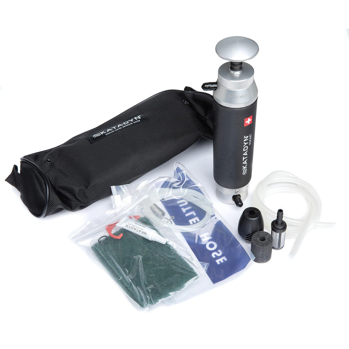 The filter comes with hoses; a carry bag; measuring gauge; cleaning pad; and a silicone lubricant.
