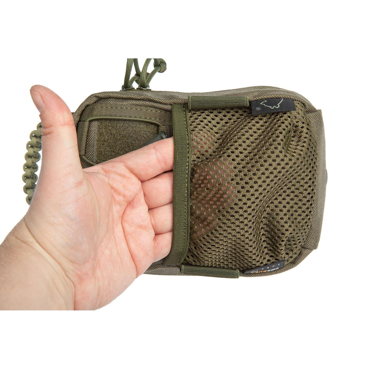 Netztasche auf der Vorderseite, z. B. für medizinische Handschuhe.