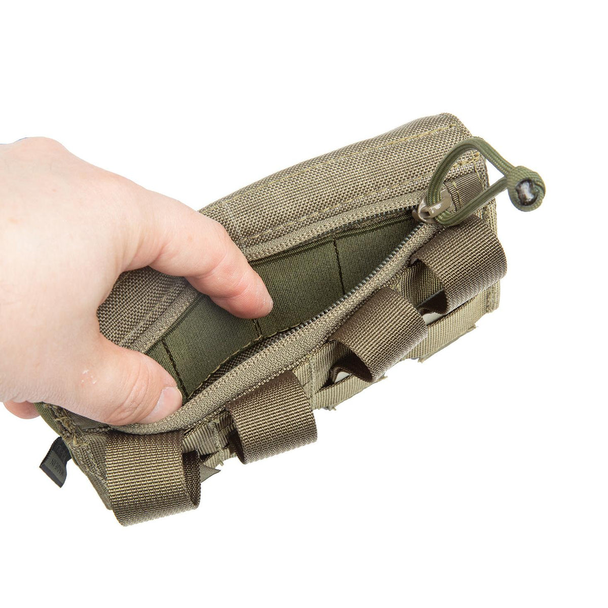Zippered pocket with elastics in the back.