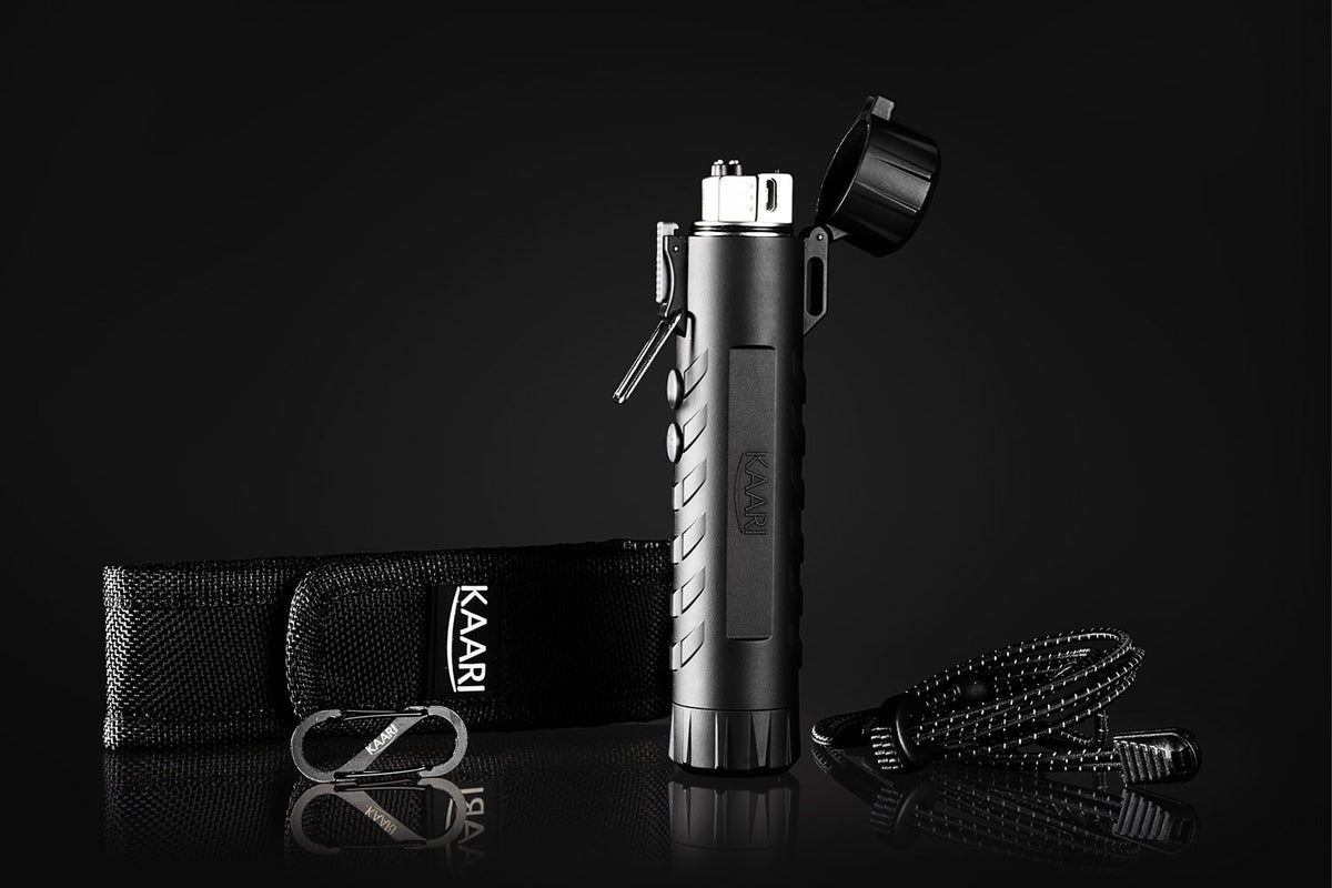 The package includes the plasma lighter with a built-in battery; belt case; karabiner; and a Micro USB cable.