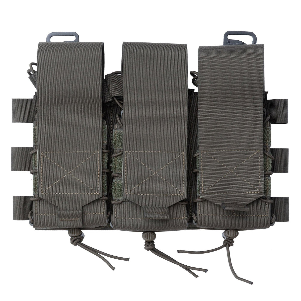 You can use the three pouches with the detachable flap; with the elastic band; or as an open-top pouch.