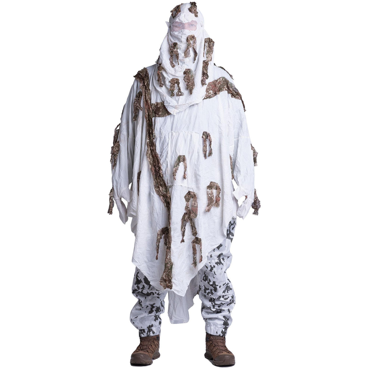 The snow camo hoodie is reversible; it has an all-white side and a snow-tree camo side.