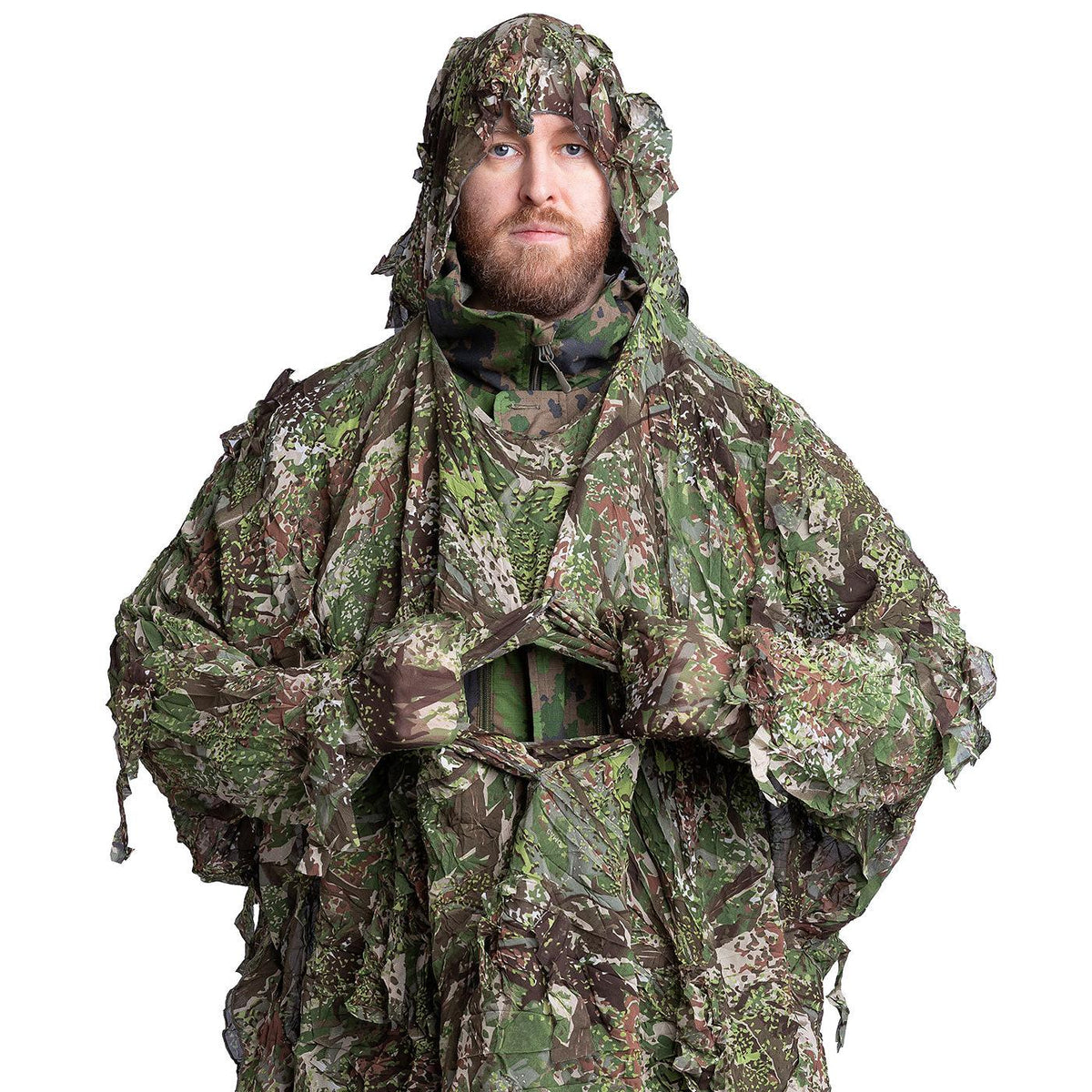 The hood can be pulled up to show your face. The chest area has an opening for e.g. an optic.