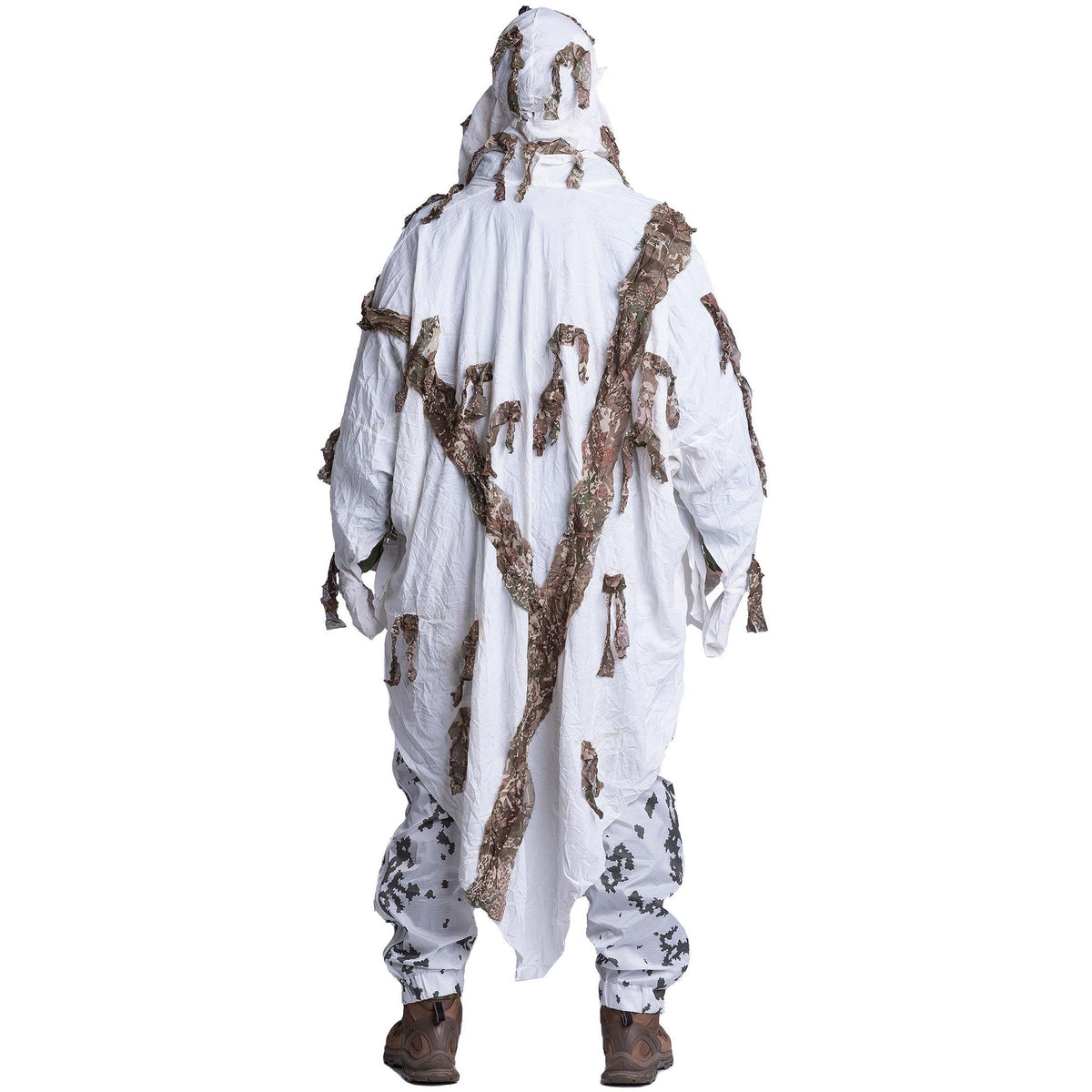 The snow camo hoodie is reversible; it has an all-white side and a snow-tree camo side.