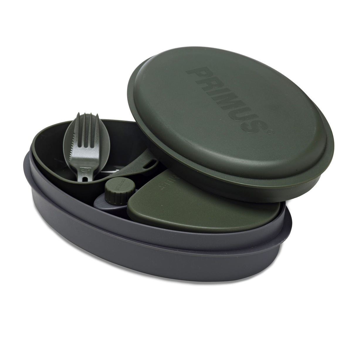 Green lids; spork; cutting board; and cup.