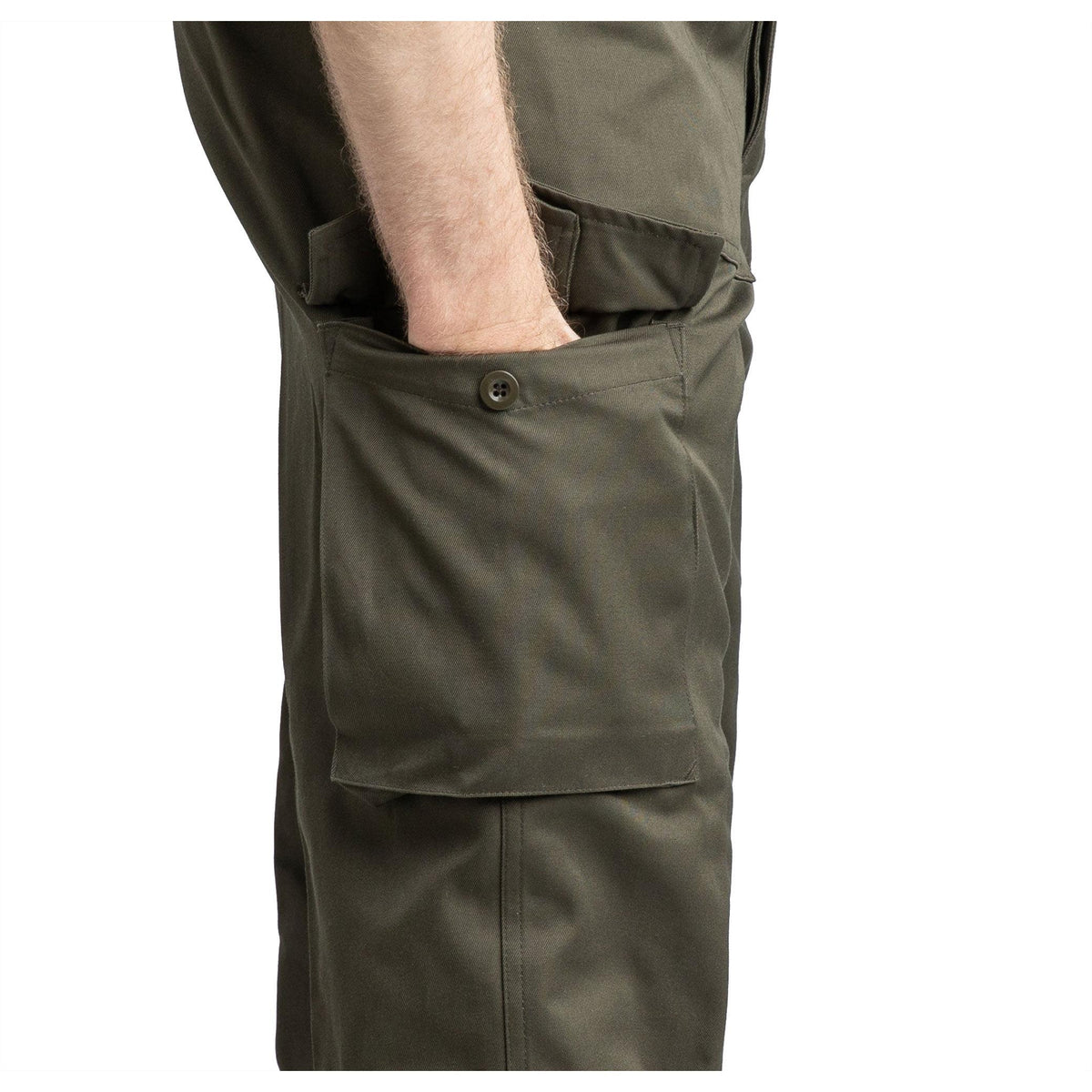 A hand in the pocket of A close up of the Austrian Anzug 75 Cargo Pants