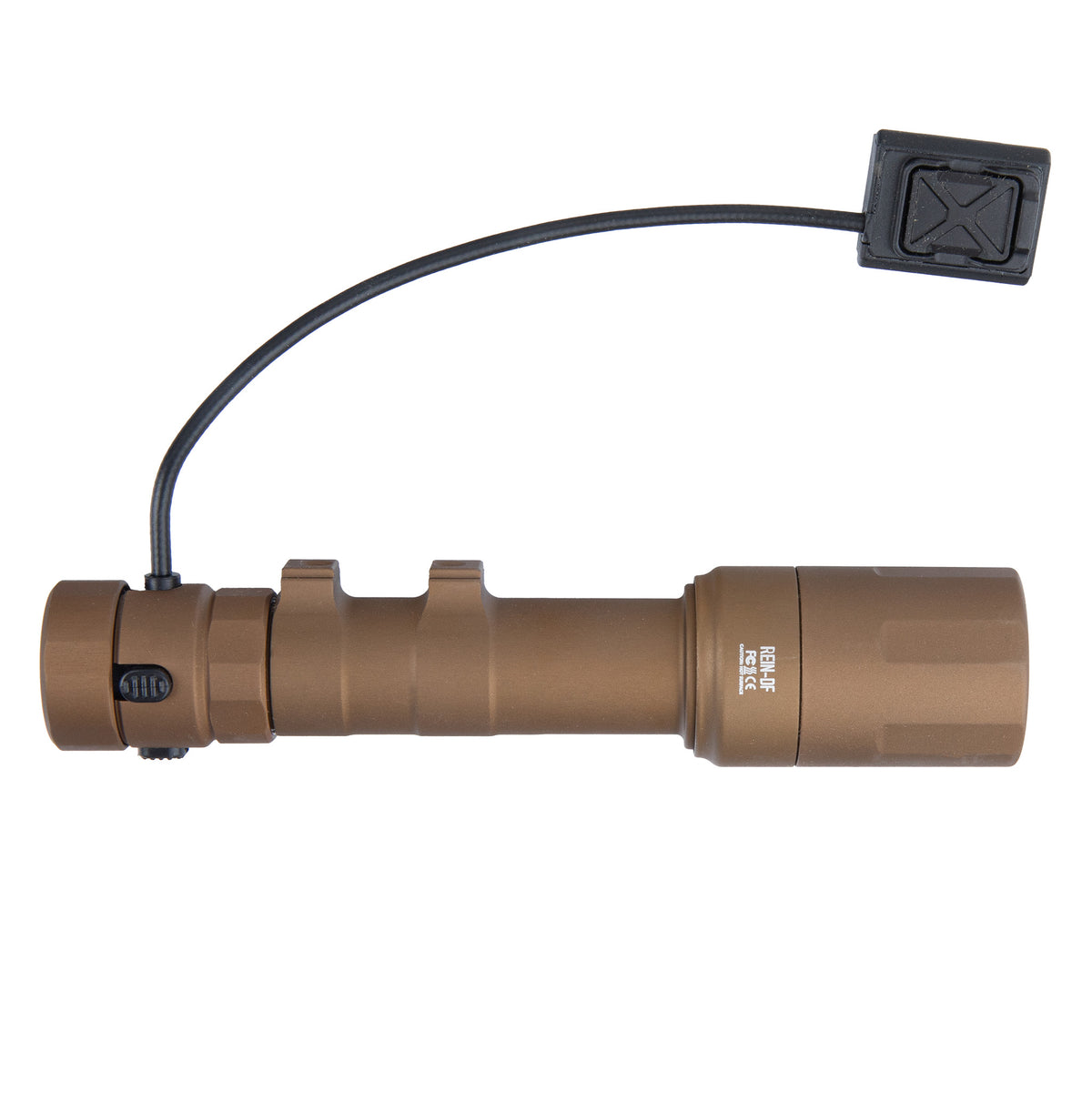 A brown weapon light with a single switch on a white background