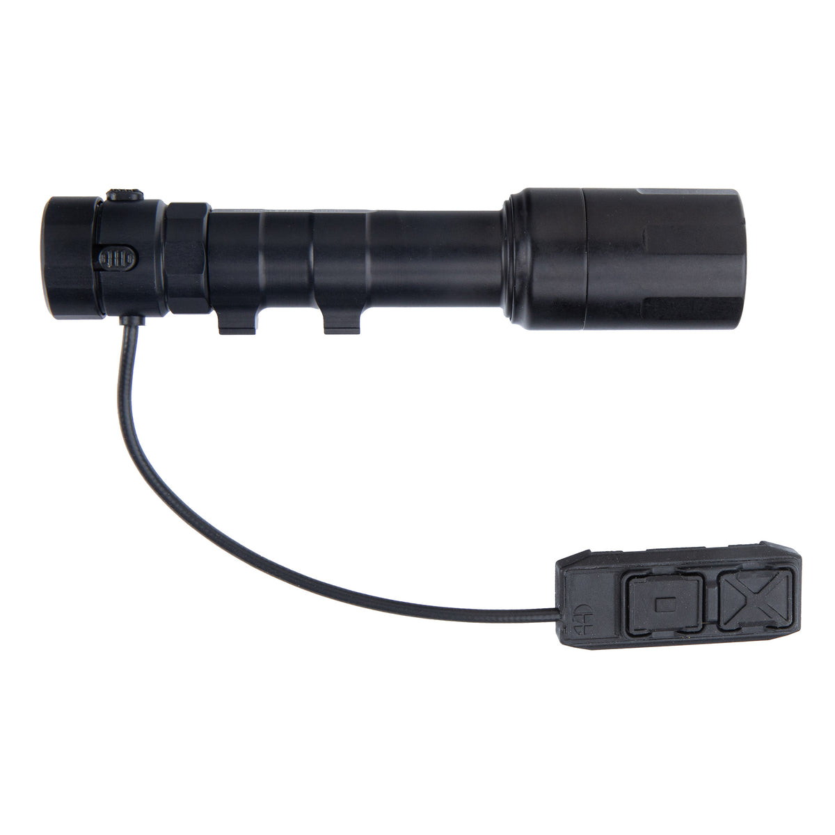 A black weapon light with a double switch on a white background