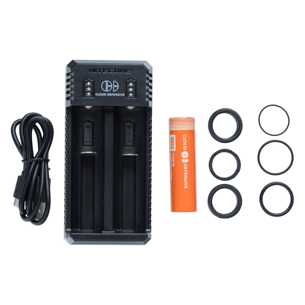 A charger; battery; O-rings; and ND-protection rings included.