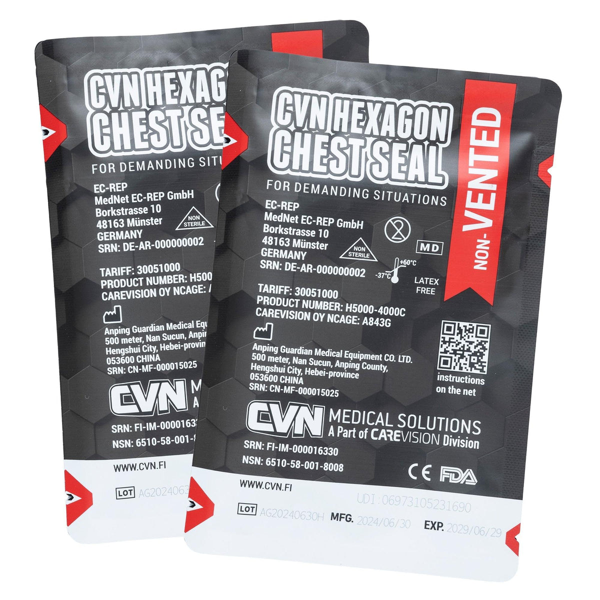 CVN Hexagon Chest Seal venttiilitön ilmarintasidos, 2-Pack