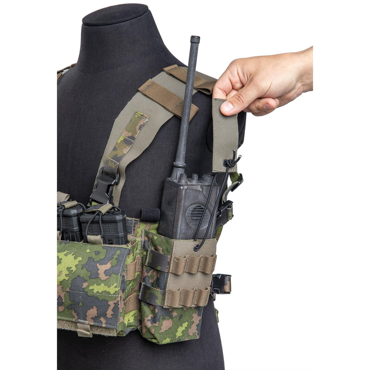 Radio pouch with adjustable retention.