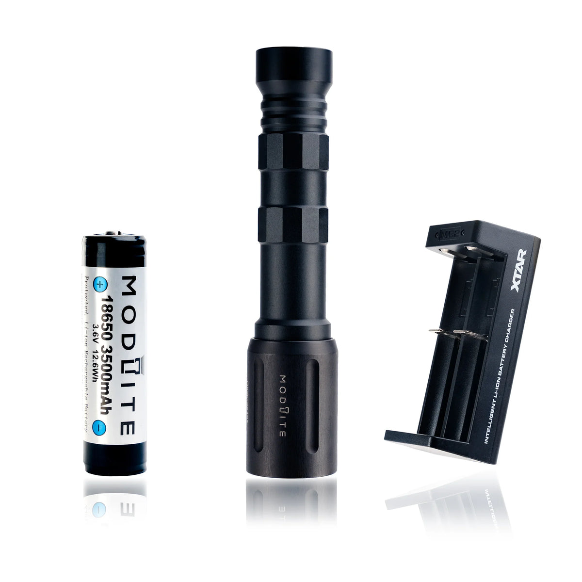 This light package contains an OKW light head; 18650 body; and tail cap. It also includes a single Modlite 3500mAh 18650 battery and an XTAR MC2 charger. The light has a Scout-style mounting platform; but the scout mount must be purchased separately for example from us.