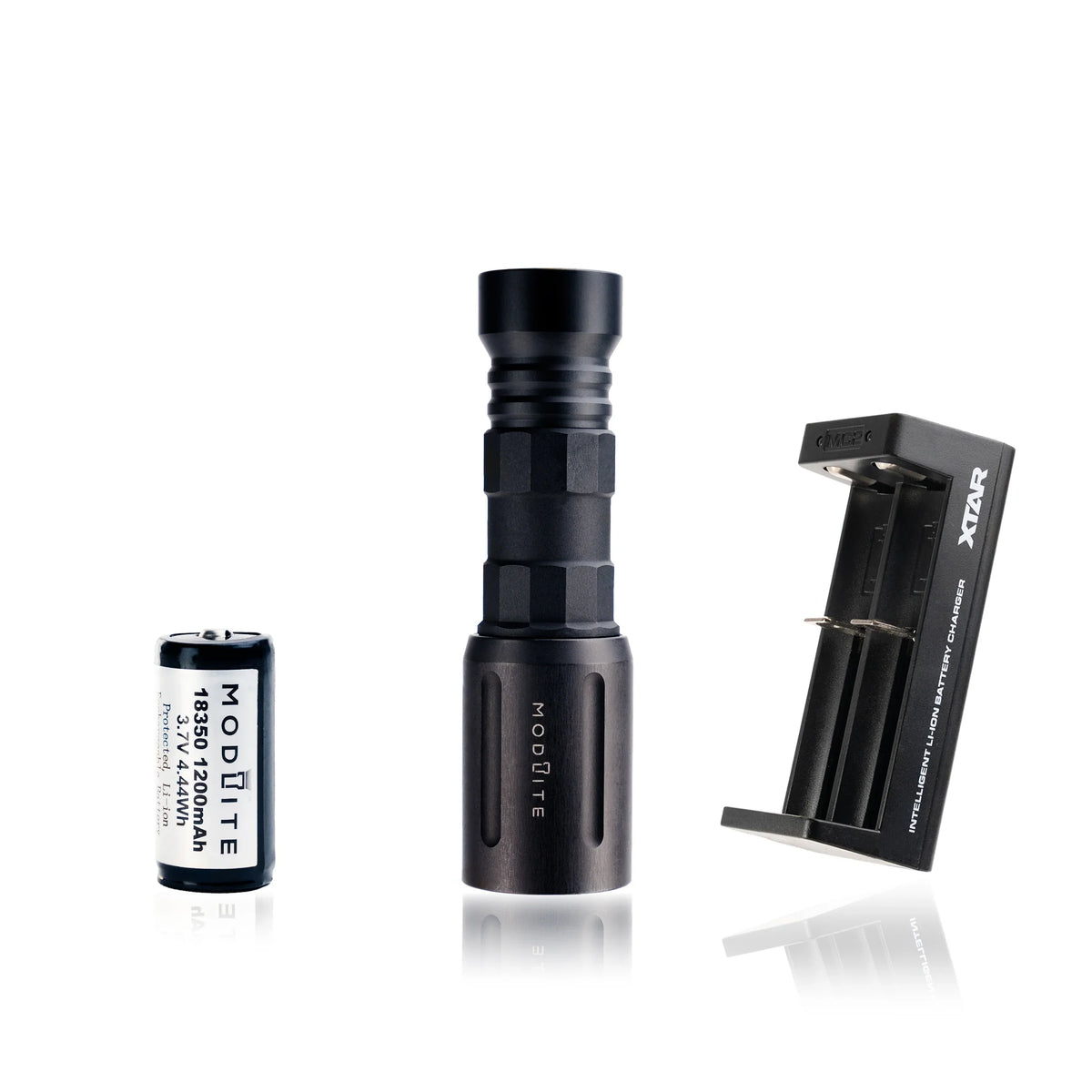 This light package contains the PLHv2 light head; 18350 body; and tail cap. It also includes a single Modlite 1200mAh 3500mAh 18650 battery and the XTAR MC2 charger. The light has a Scout-style mounting platform; but the Scout mount must be purchased separately; for example; from us.