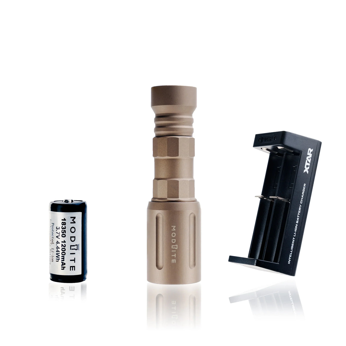 This light package contains the PLHv2 light head; 18350 body; and tail cap. It also includes a single Modlite 1200mAh 3500mAh 18650 battery and the XTAR MC2 charger. The light has a Scout-style mounting platform; but the Scout mount must be purchased separately; for example; from us.