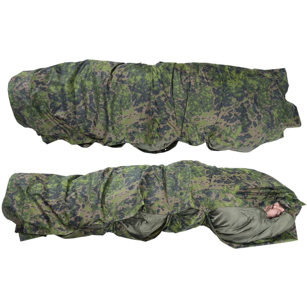 Er kann auch zugeknöpft werden, um einen Schlafsack eng abzudecken.