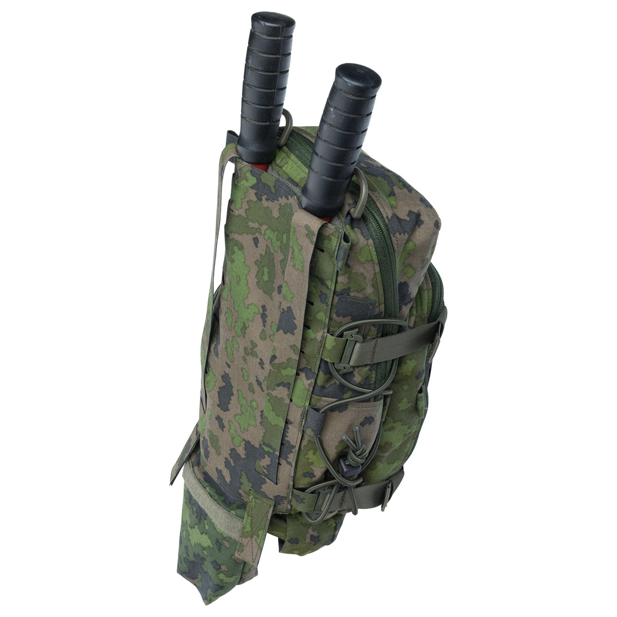 The expansion of the compartment designed for breaching tools can be pushed in when the compartment is empty. Old version with green straps.