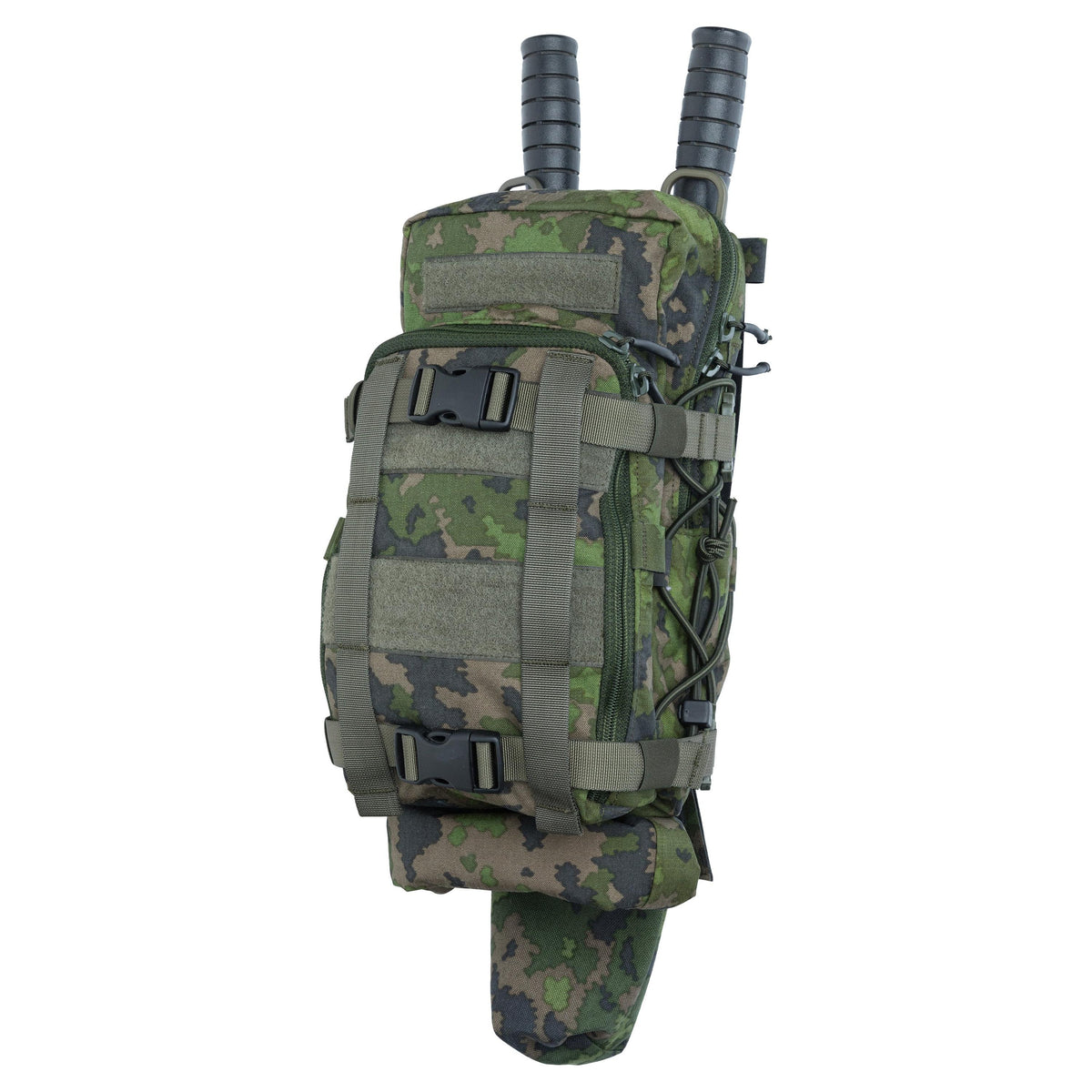 The expansion of the compartment designed for breaching tools can be pushed in when the compartment is empty. Old version with green straps.