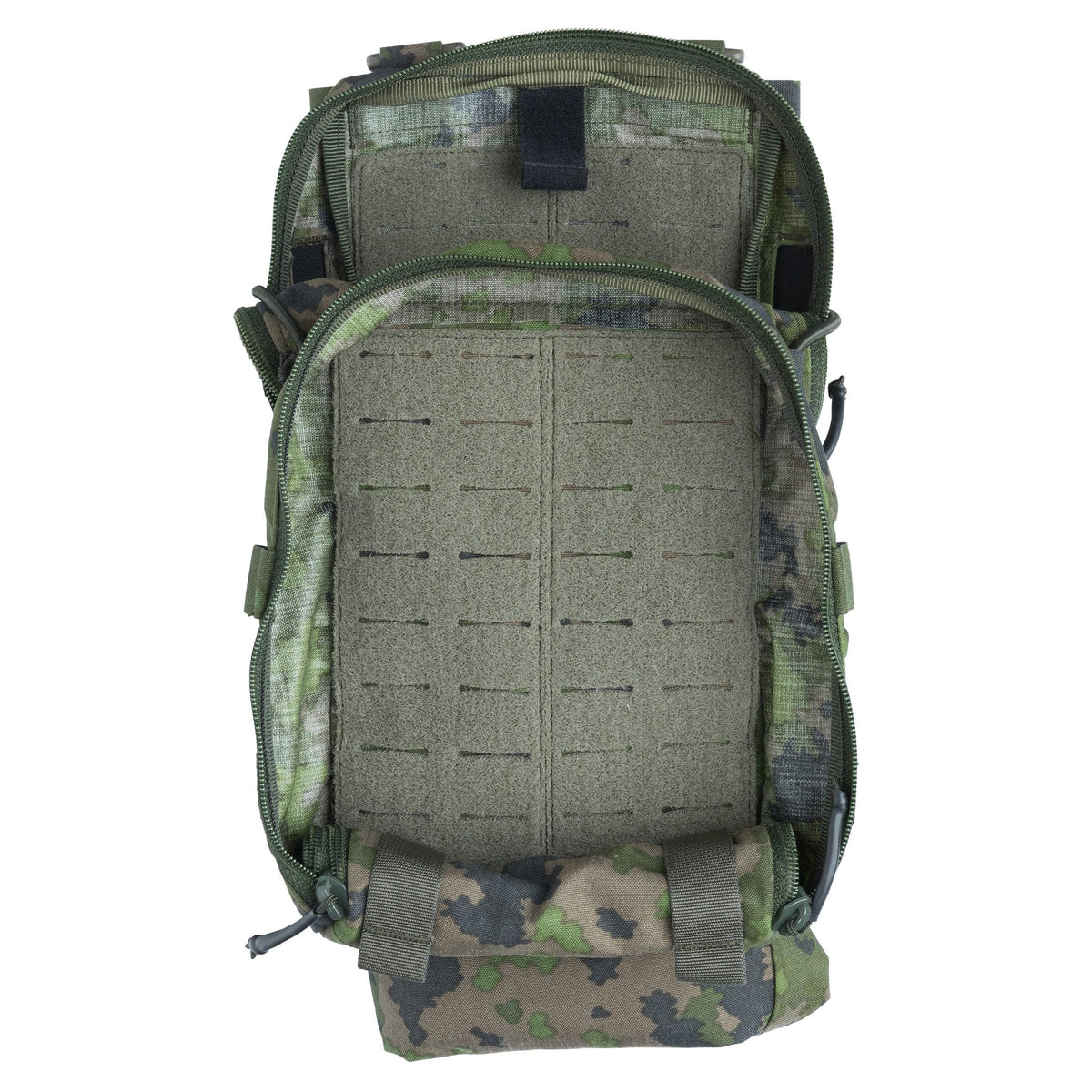 At the top of the sides of the main pouch; there are pass-throughs for hoses and cables. On the inner surface of both zip-closure pouches of the panel; there is a low-profile PALS webbing with hook-and-loop. Old version with green straps.
