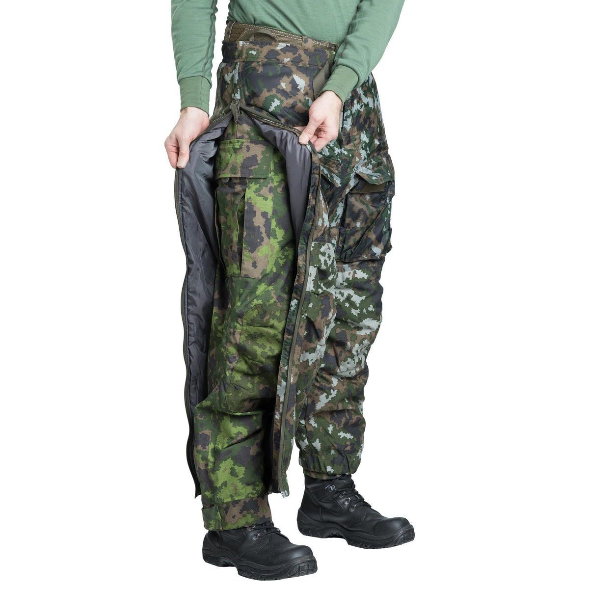 The leg zippers allow trousers to be worn without removing your footwear