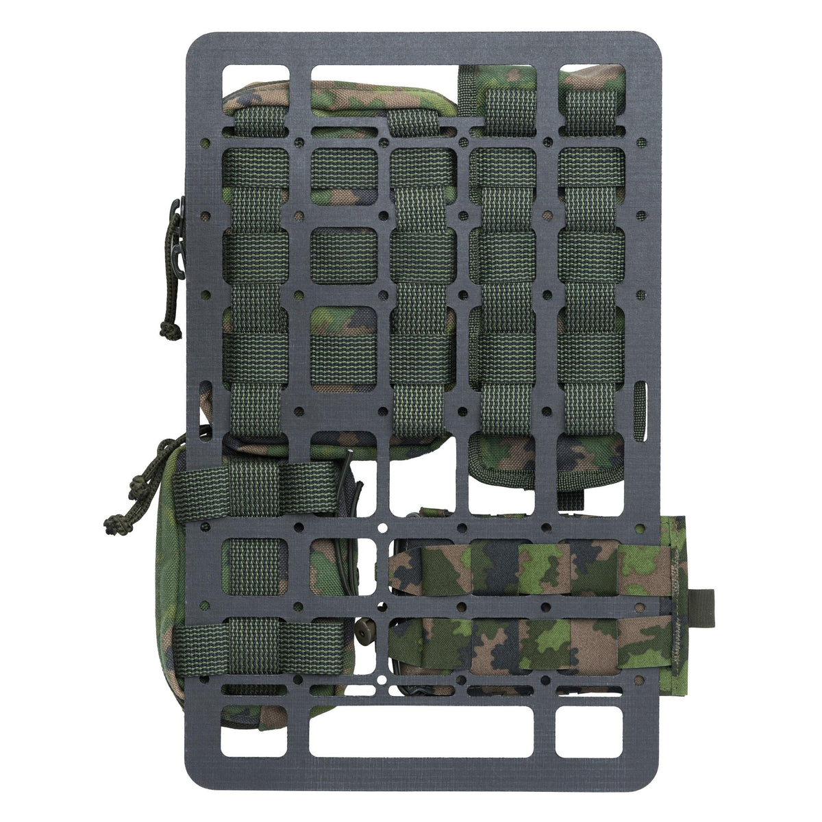 Verschiedene Befestigungsoptionen dargestellt. Die unteren Taschen sind horizontal befestigt.