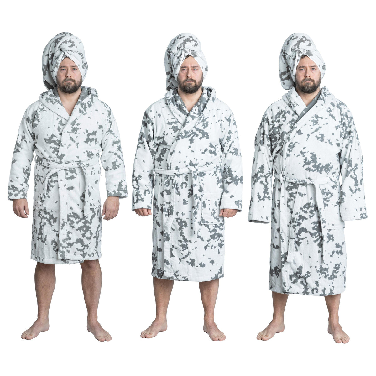 Model height 178 cm; chest circumference 120 cm; waist circumference 100 cm. On the left S/M; center L/XL and on the right 2XL/3XL. Bath towel is sold separately.