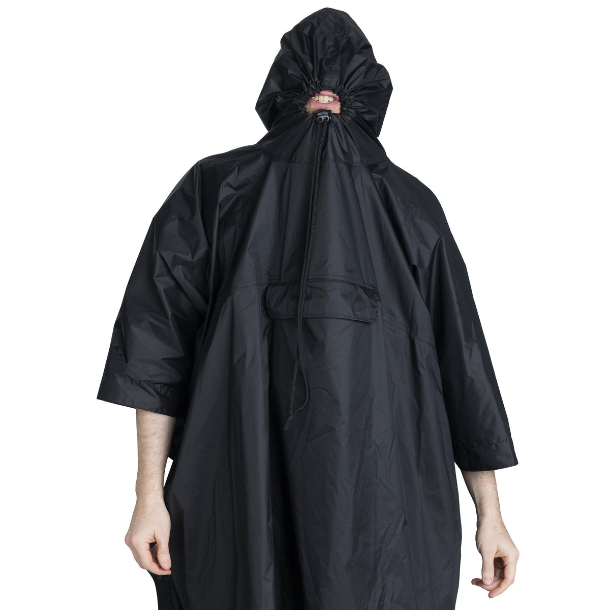 The hood can be adjusted to a very small opening. When wearing a helmet; the aperture is at eye level.