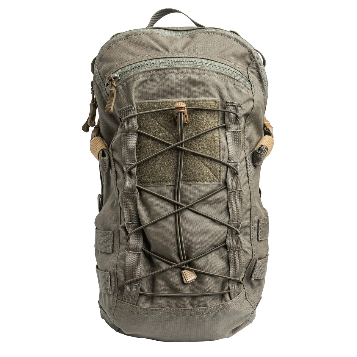 The pack has a hook-and-loop slot for flags and other patches; plus elastic cordage for attaching lighter items.